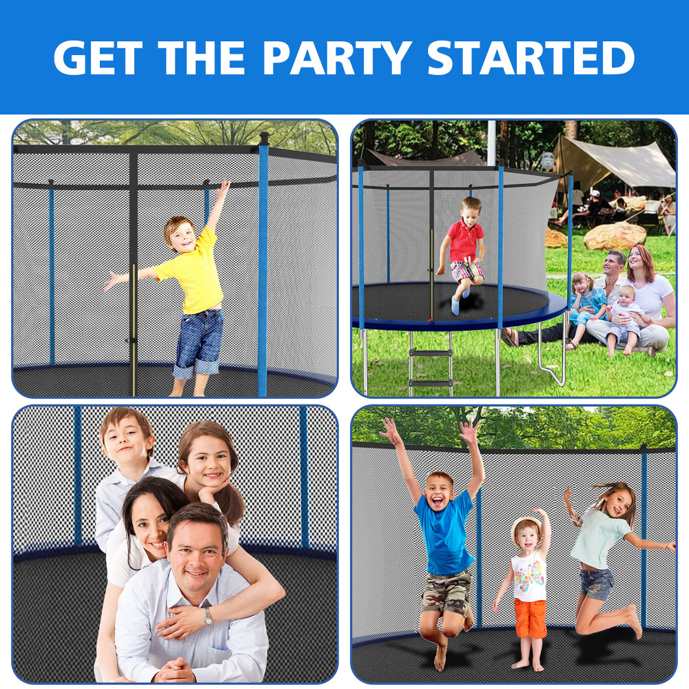 Lifestyle-Bild im Garten: Eine Familie mit Kindern spielt glücklich auf und um das Trampolin herum.