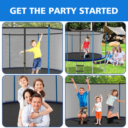Lifestyle-Bild im Garten: Eine Familie mit Kindern spielt glücklich auf und um das Trampolin herum.
