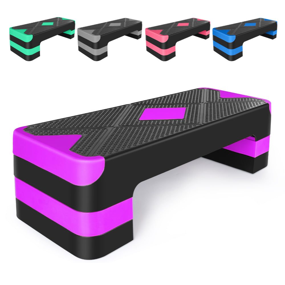 Lila-Schwarzer Aerobic Stepper (Hauptbild) mit Übersicht der Farbvarianten oben links.