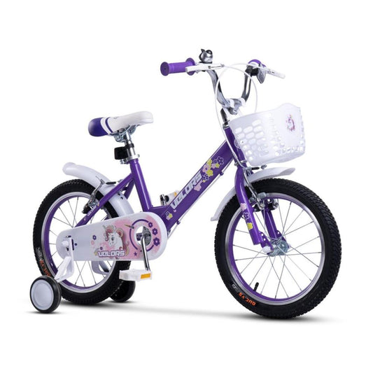 Lila 16 Zoll Mädchenfahrrad mit Einhorn-Motiv, weißem Korb und Stützrädern