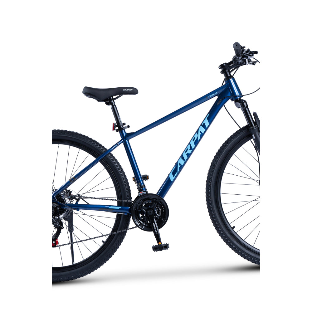 Linksansicht des blauen 29 Zoll Mountainbikes mit mechanischen Scheibenbremsen und Hardtail-Rahmen