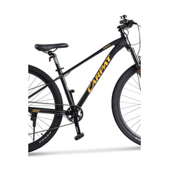 Linksansicht des schwarz-goldenen 29 Zoll MTBs mit 80mm Federgabel und 1x9 Antrieb