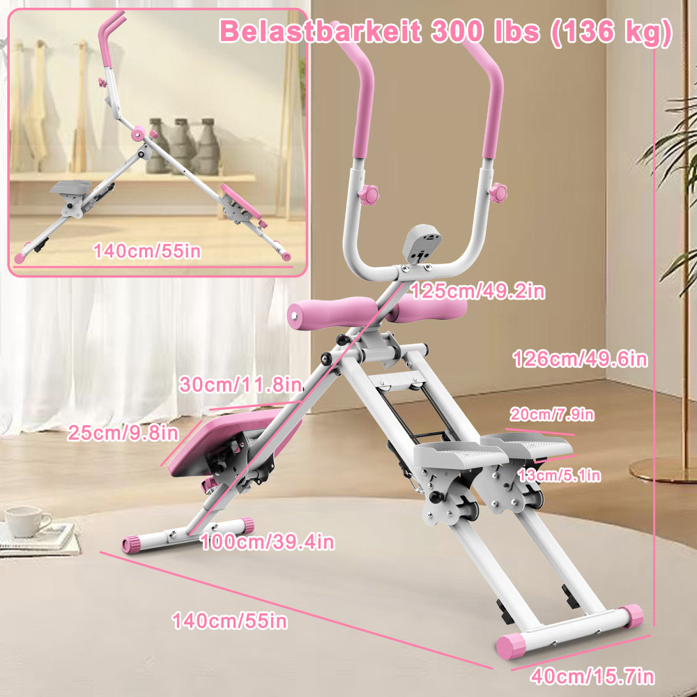 Maße des pinken Geräts und hohe Belastbarkeit bis 300 lbs (ca. 136 kg)