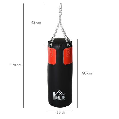 Maßzeichnung: Boxsack 120cm hoch, 30cm Durchmesser, Kettenlänge 40cm.