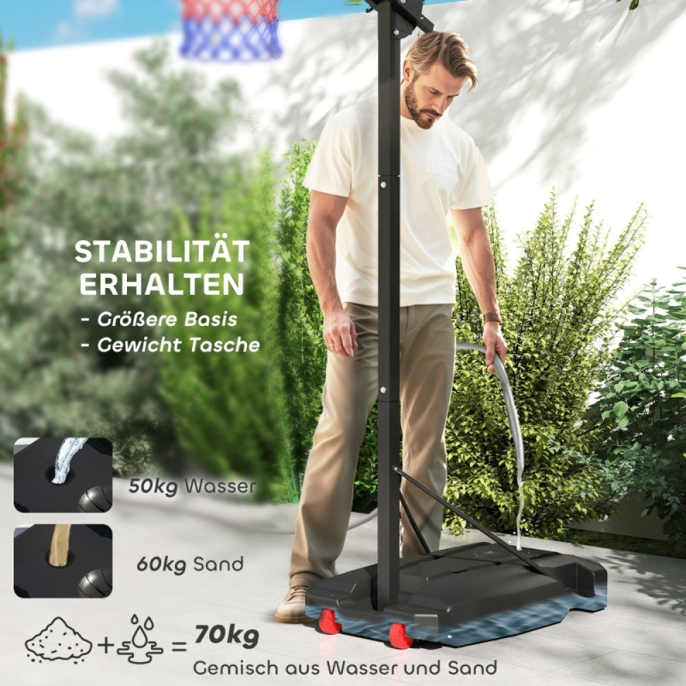 Mann befüllt die Basis mit einem Wasserschlauch; Grafik zeigt 70kg Stabilität durch Wasser/Sand.