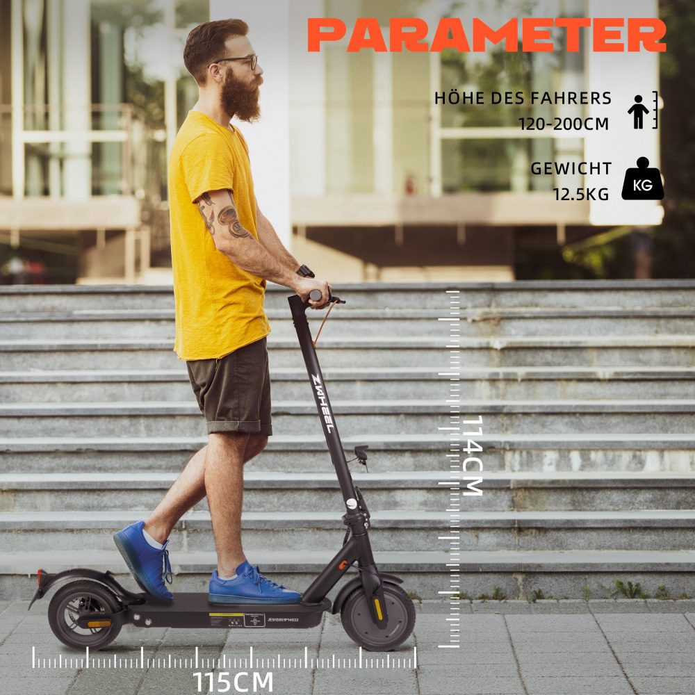Mann im gelben Shirt fährt den Scooter eine Steigung hinauf (Parameter-Darstellung).