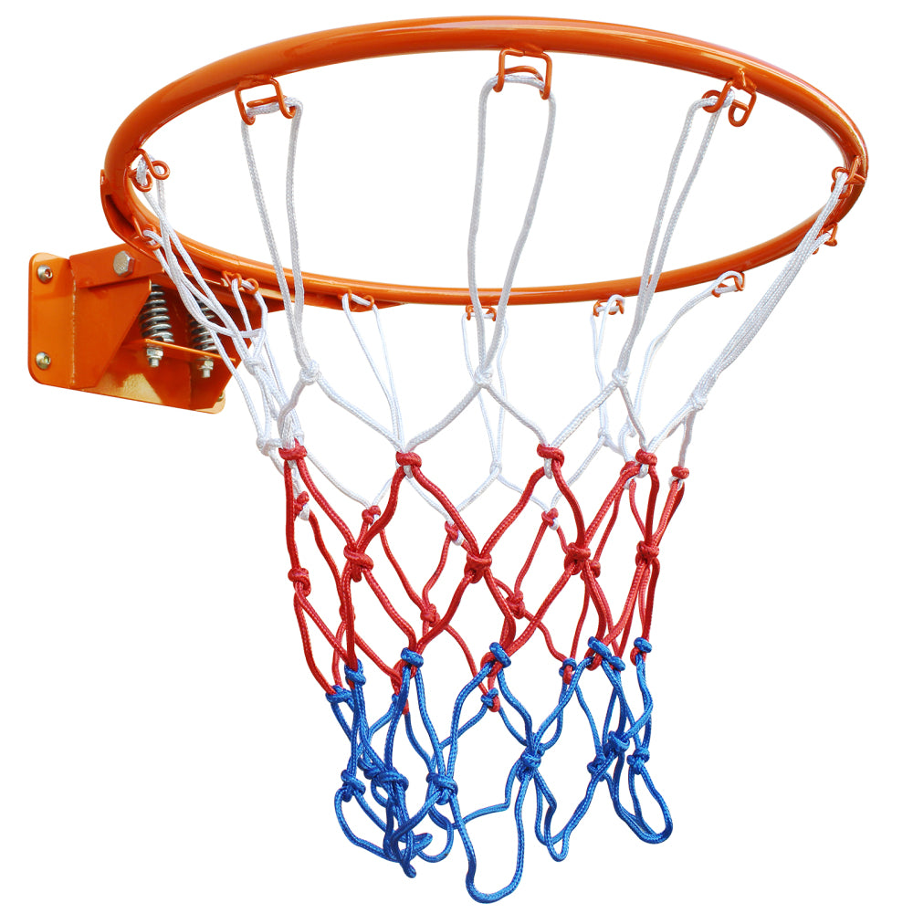 Massiver Basketballring in Orange mit Doppelfederung und Netz, freigestellt auf weißem Hintergrund.
