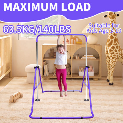Maximale Belastbarkeit 63.5 kg: Kind hängt sicher an der lila Stange.