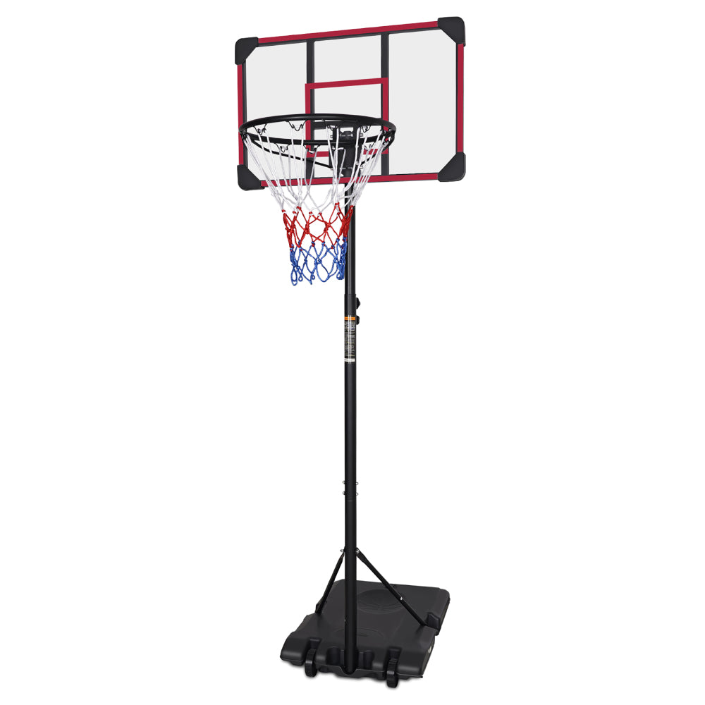 Mobiler Basketballkorb Outdoor mit rotem Rahmen-Design auf dem Backboard und schwarzer Basis.
