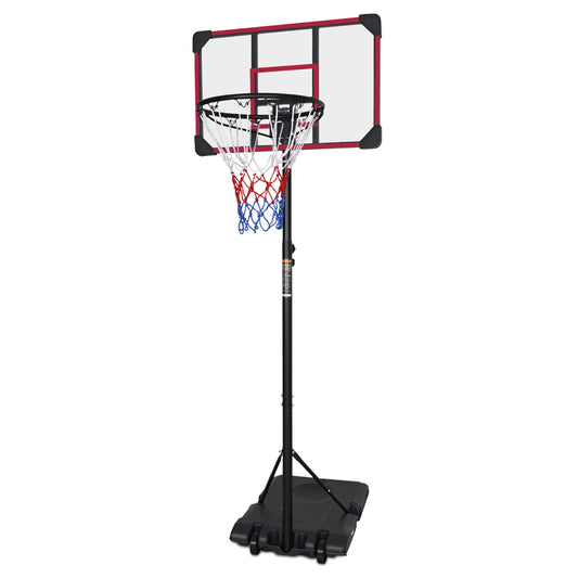 Mobiler Basketballkorb Outdoor mit rotem Rahmen-Design auf dem Backboard und schwarzer Basis.