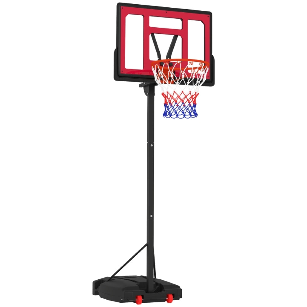 Mobiler Basketballständer für Kinder mit rot-schwarzem Backboard und roten Rädern auf weißem Hintergrund.