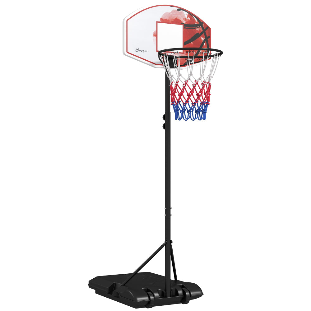Mobiler Basketballständer für Kinder mit rot-weißem Grafik-Backboard und Ballhalter-Basis.