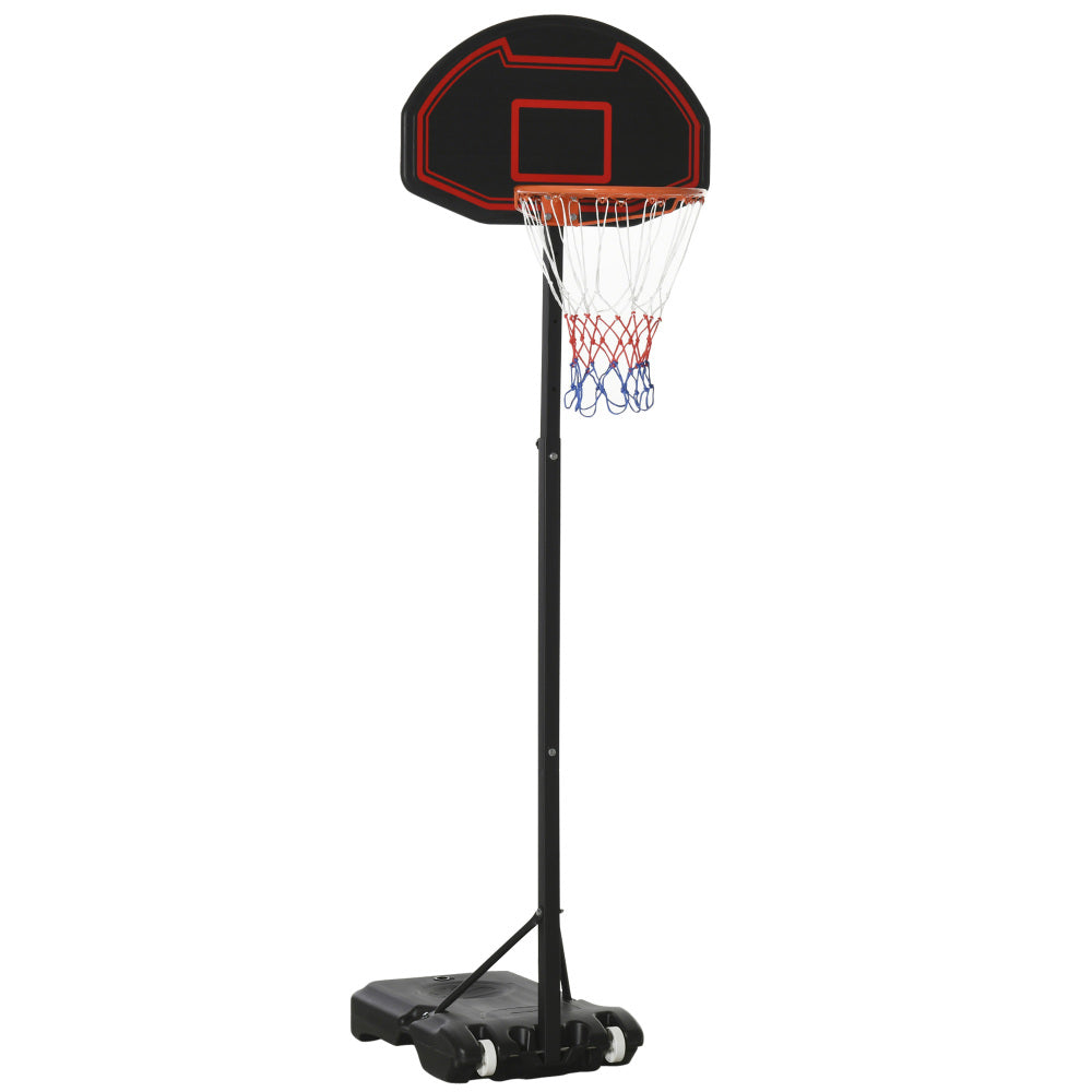 Mobiler Basketballständer für Kinder mit schwarz-rotem Backboard und befüllbarer Basis auf weißem Hintergrund.