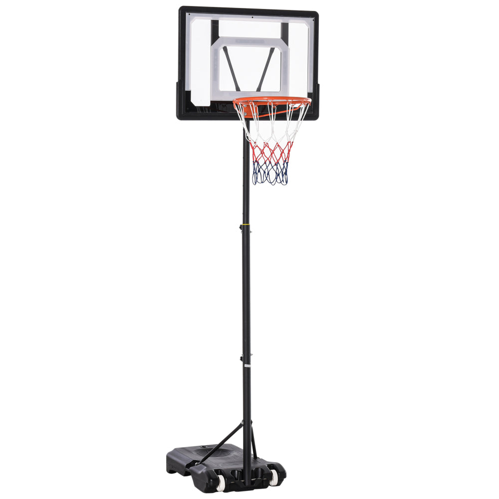 Mobiler Basketballständer für Kinder mit schwarzem Rahmen, weißem Backboard-Rand und befüllbarer Basis.