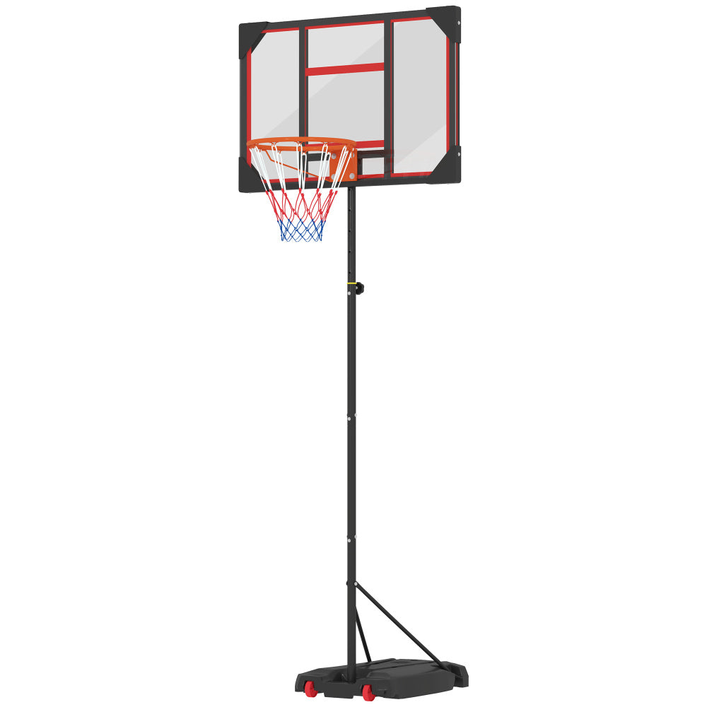Mobiler Basketballständer für Kinder mit transparentem Board, rotem Ring und schwarzer Basis.