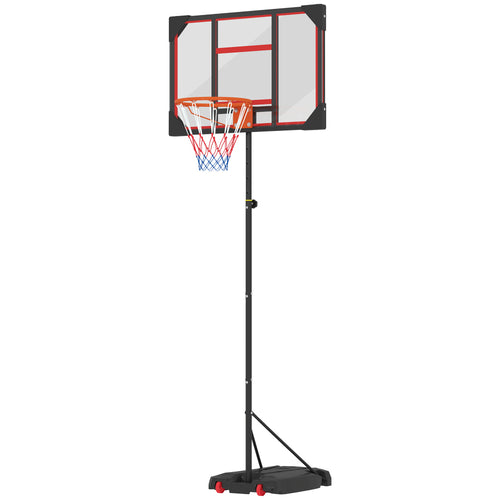 Mobiler Basketballständer für Kinder mit transparentem Board, rotem Ring und schwarzer Basis.