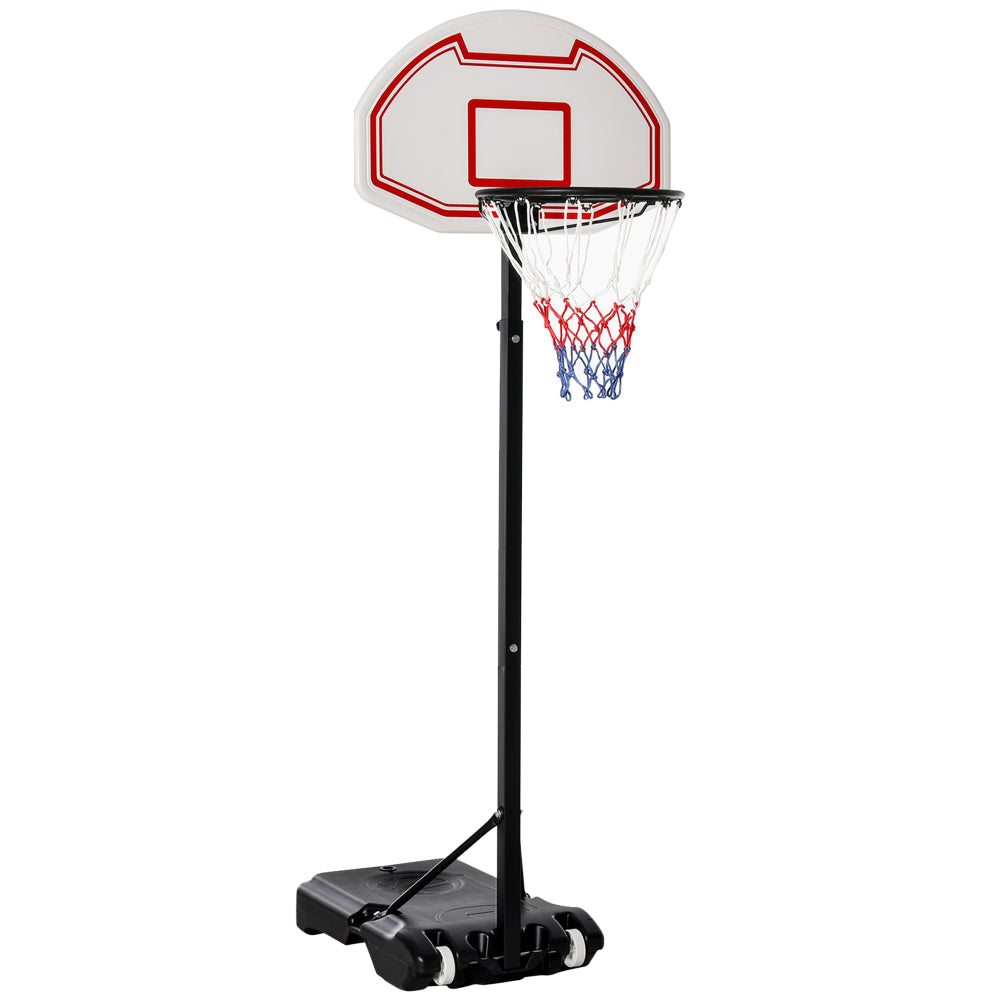 Mobiler Basketballständer für Kinder mit weißem Backboard, rotem Rahmen und schwarzer Basis.