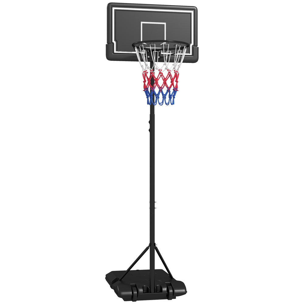 Mobiler Basketballständer für Kinder (schwarz) mit Netz und befüllbarer Basis auf grauem Hintergrund.
