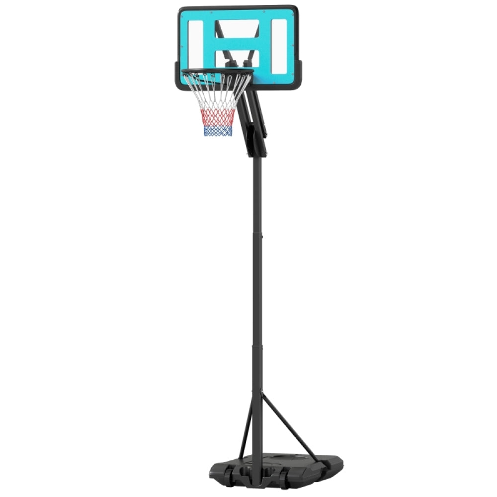 Mobiler Basketballständer mit cyanblauem Backboard-Rahmen, schwarzer Basis und Netz auf weißem Hintergrund.