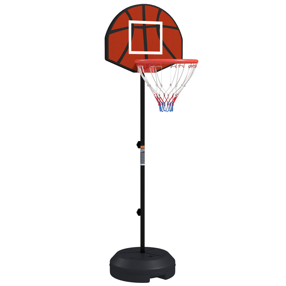Mobiler Kinder-Basketballkorb mit Basketball-Motiv auf der Rückwand und rundem schwarzem Standfuß.