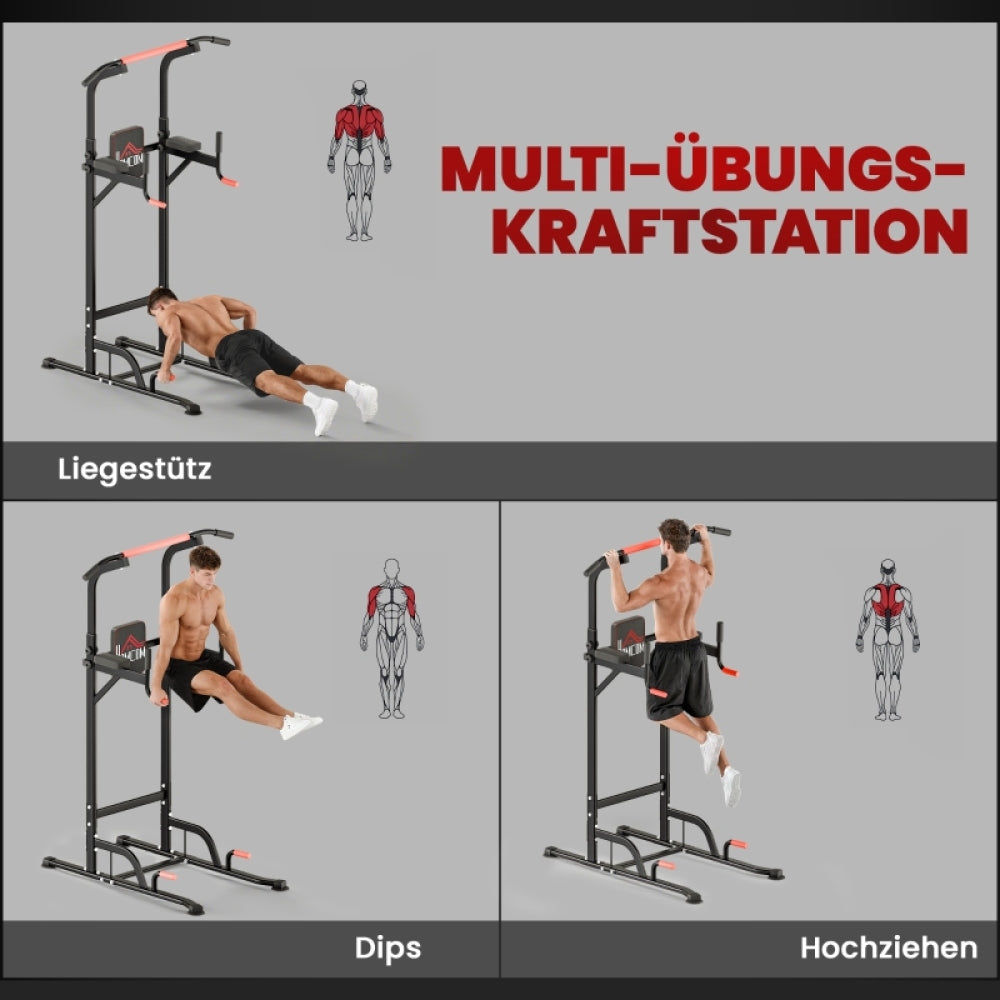 Multi-Übungs-Kraftstation: Liegestütze, Dips, Klimmzüge und Hochziehen.