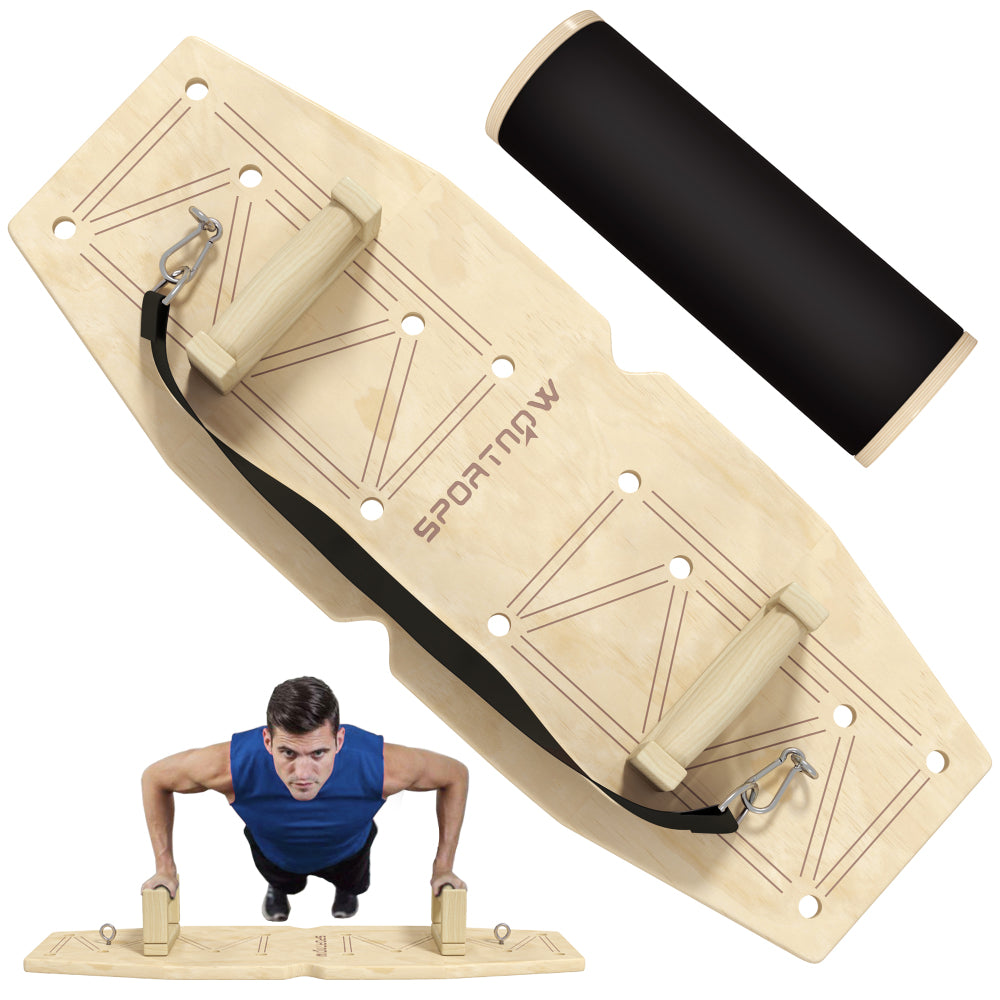 Multifunktionale Trainingsstation aus Holz mit Board, Balance-Rolle und zwei steckbaren Griffen für Liegestütze.