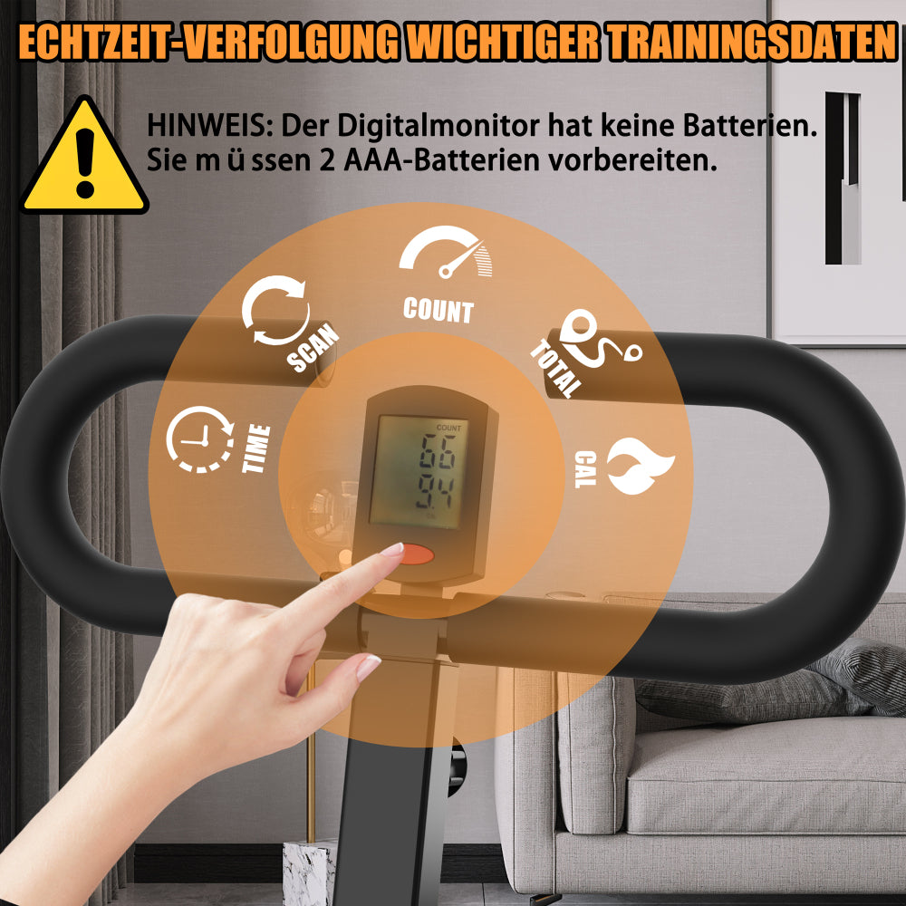 Nahaufnahme: Hand bedient das digitale Display (Anzeige von Zeit, Count, Kalorien).