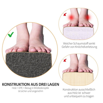 Nahaufnahme der Füße einer Turnerin auf der 10 cm breiten, gepolsterten Lauffläche des Balkens.