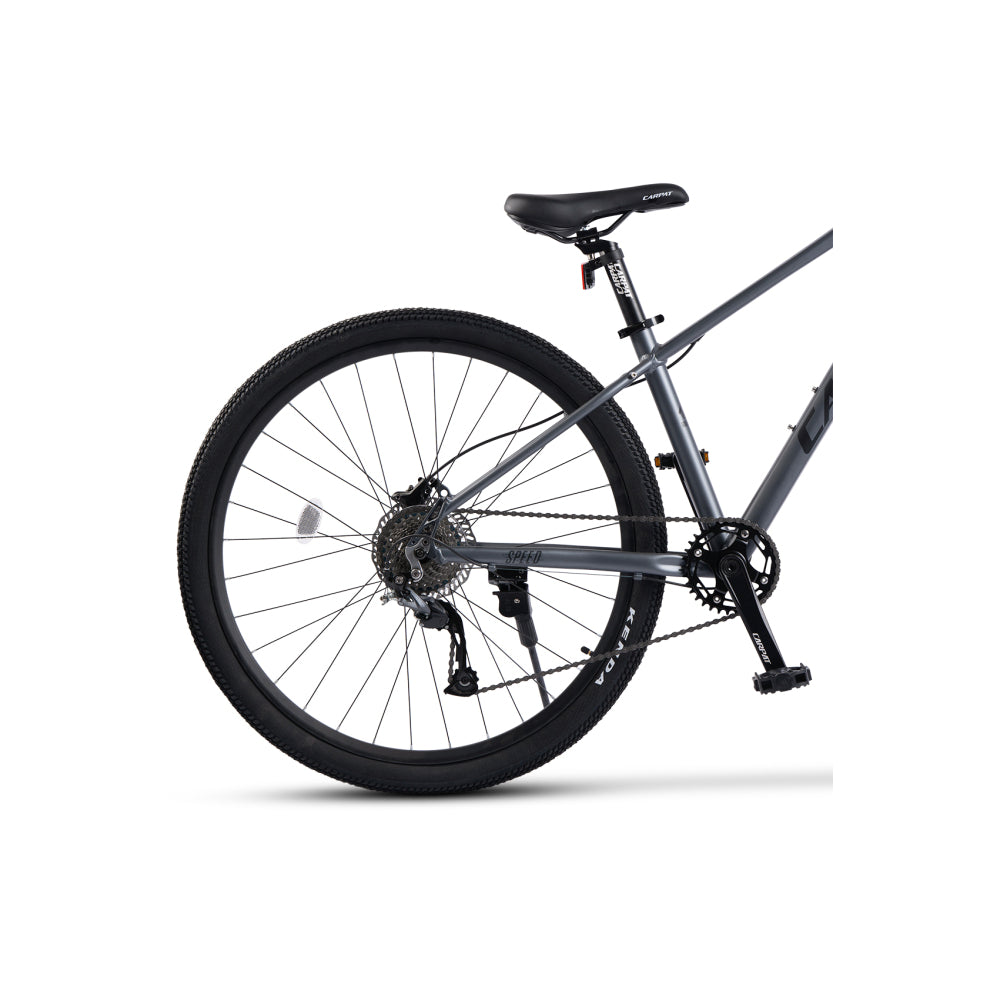 Nahaufnahme der Kassette, Kette und Hinterradnabe des 1x9 Antriebs am grauen MTB