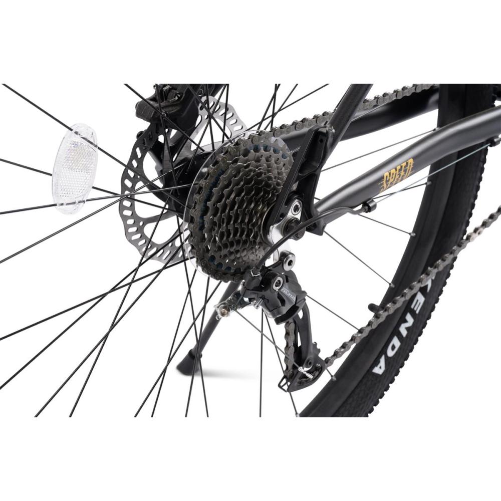 Nahaufnahme der Kassette und Kette des 1x9 Schaltsystems am schwarz-goldenen MTB