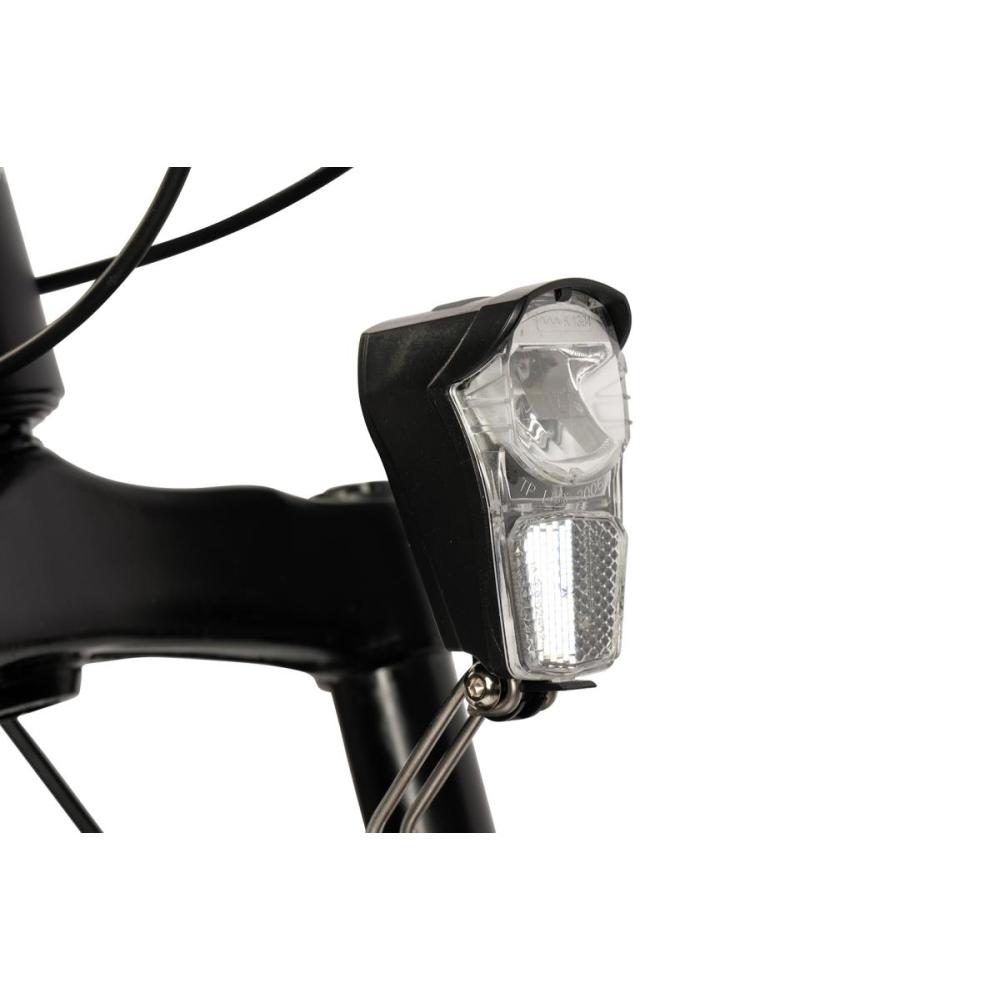 Nahaufnahme der LED-Frontbeleuchtung und der Verkabelung am schwarzen Rahmen.