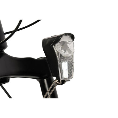 Nahaufnahme der LED-Frontbeleuchtung und der Verkabelung am schwarzen Rahmen.