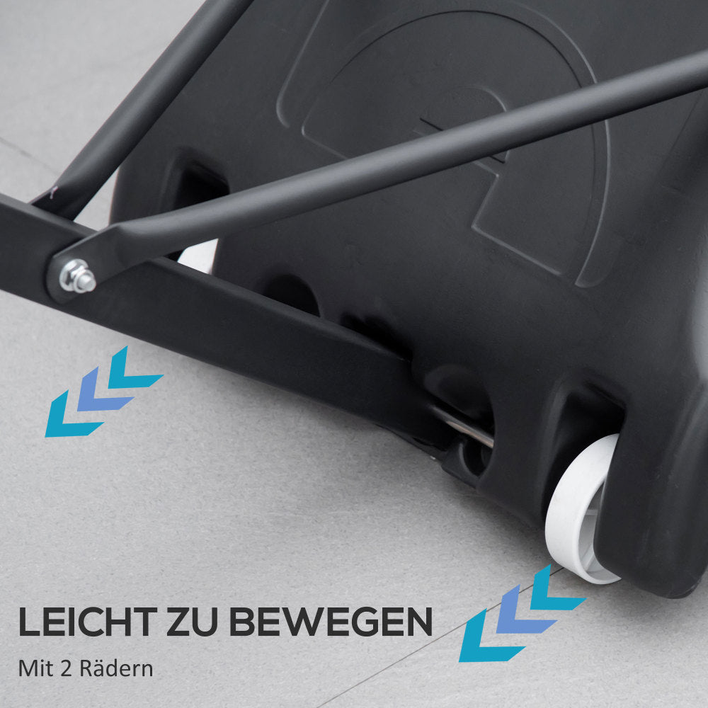 Nahaufnahme der Transportrollen an der Basis und der stabilen Stahlstreben-Konstruktion.