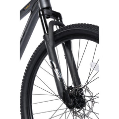 Nahaufnahme der Vorderradgabel mit 100mm Federgabel und Scheibenbremse