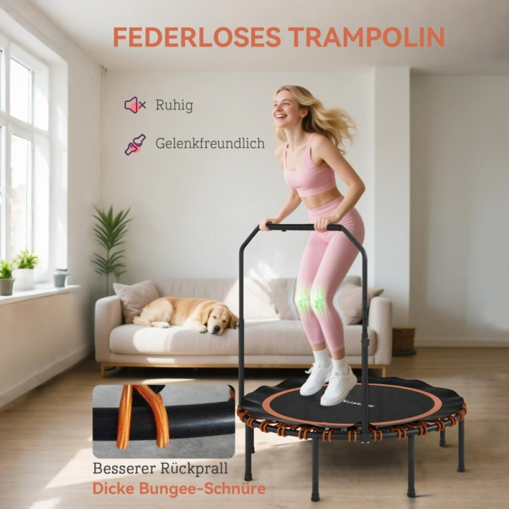 Nahaufnahme der orangen Bungee-Seile und der schwarzen Sprungmatte ("Federloses Trampolin").