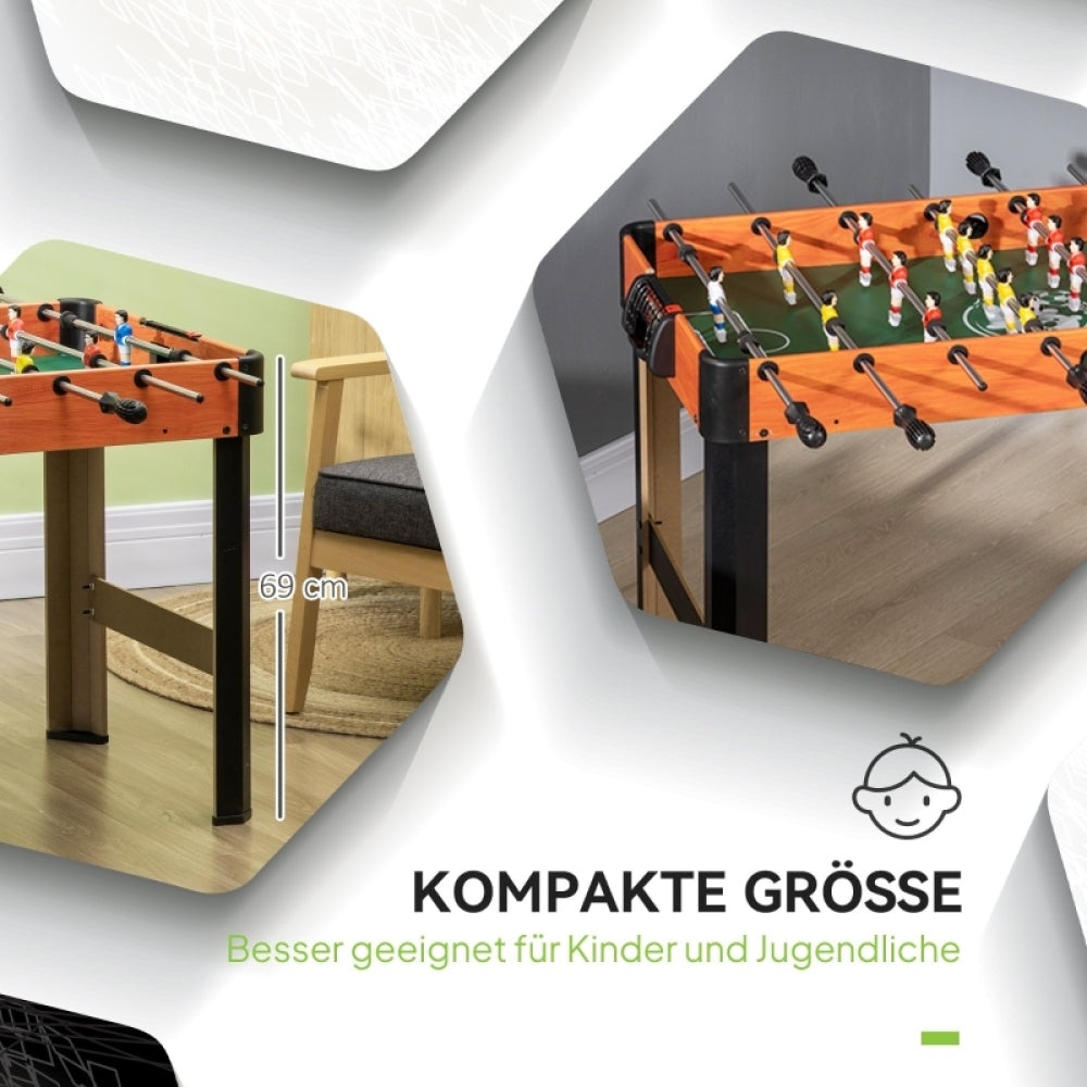 Nahaufnahme der realistischen Spielfiguren (Rot) und der mitgelieferten Fußbälle auf dem Spielfeld