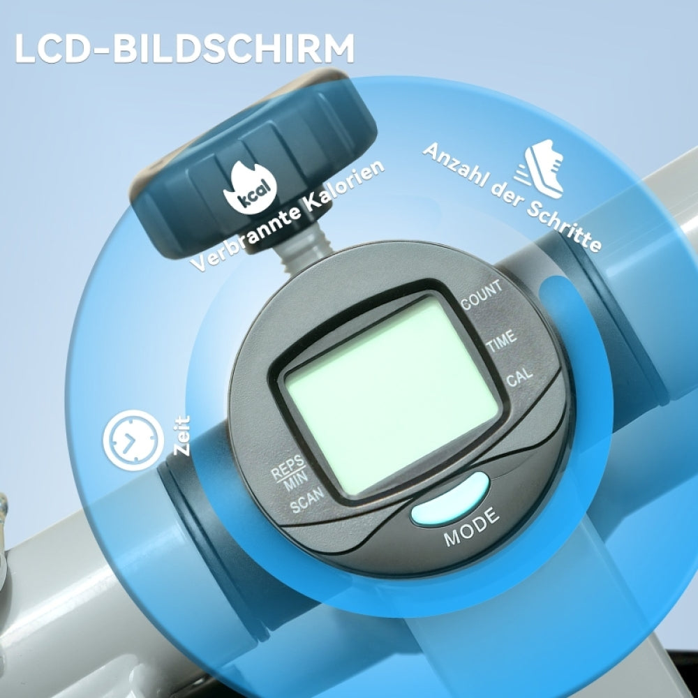 Nahaufnahme des LCD-Displays und des blauen Einstellknopfes für die Schritthöhe.