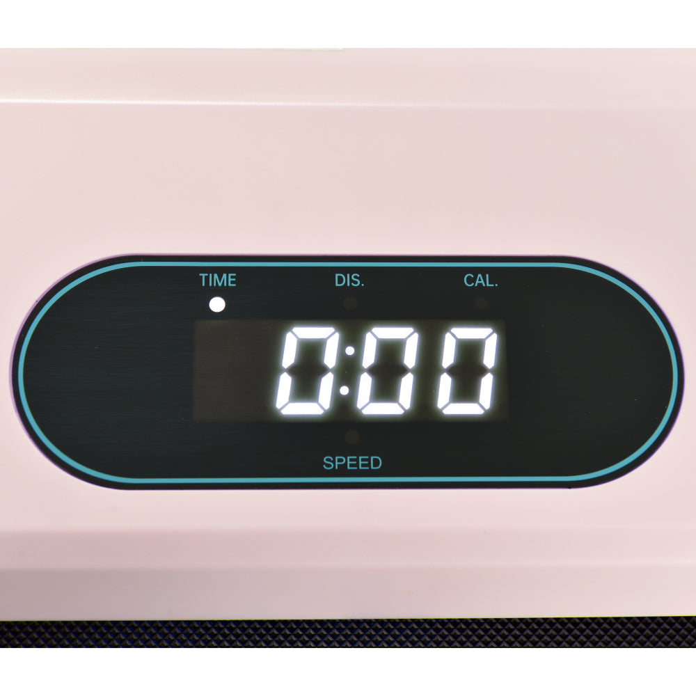 Nahaufnahme des LED-Displays auf dem rosa Motorgehäuse (zeigt 0:00).