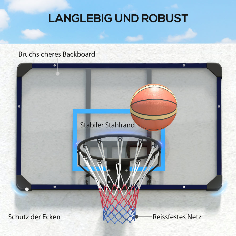 Nahaufnahme des bruchsicheren Backboards mit Fokus auf den stabilen Stahlring und Eckenschutz.