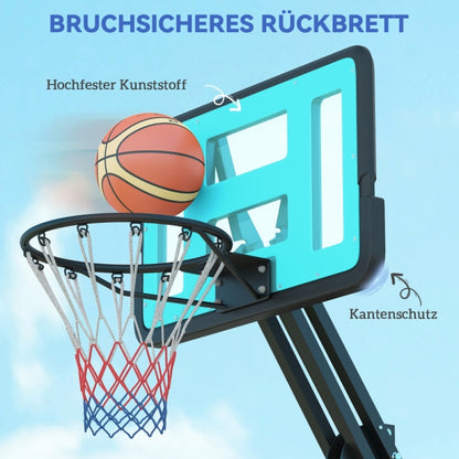 Nahaufnahme des bruchsicheren Backboards mit blauem Rahmen und wetterfestem Netz.