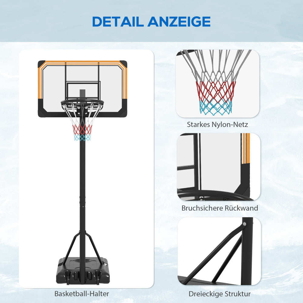 Nahaufnahmen der Backboard-Halterung, des dreifarbigen Nylonnetzes und der stabilen Stahlstützen.
