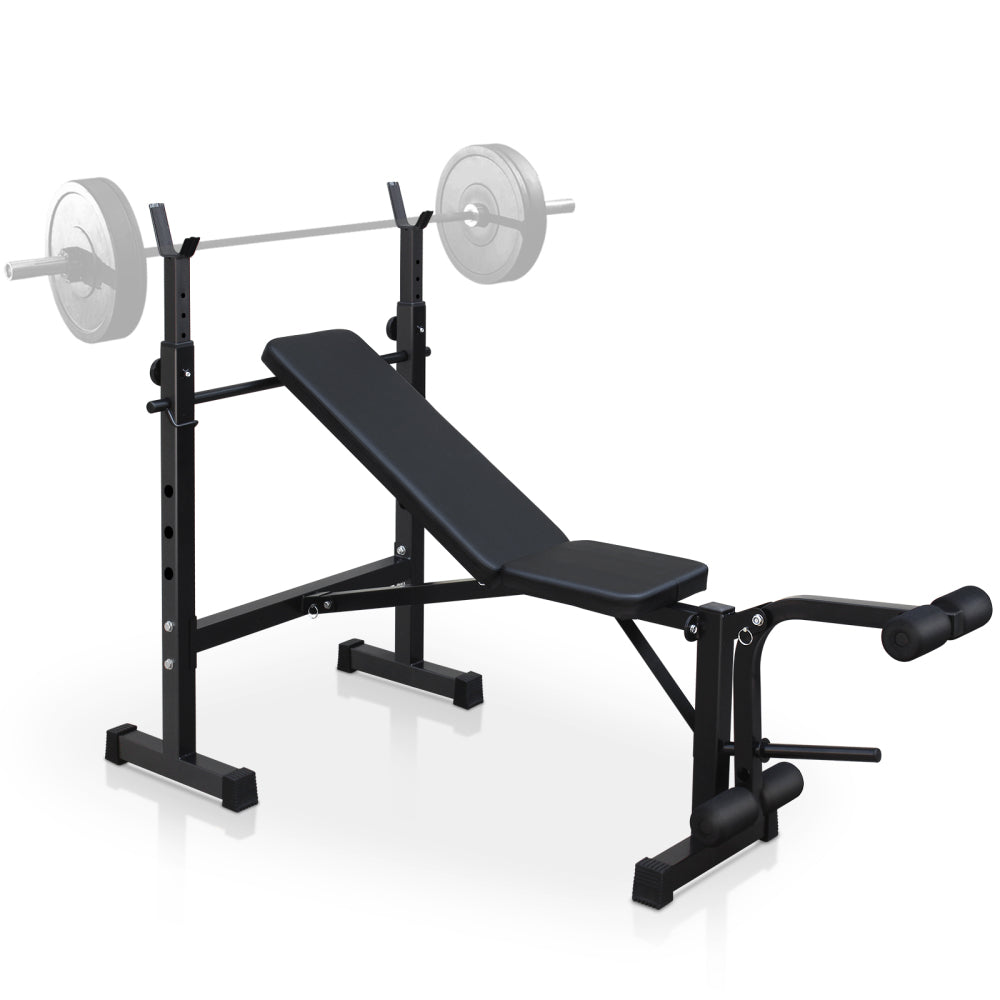 Olympische Hantelbank mit Langhantelablage und Beinstrecker in Schwarz, klappbar für Home Gym.