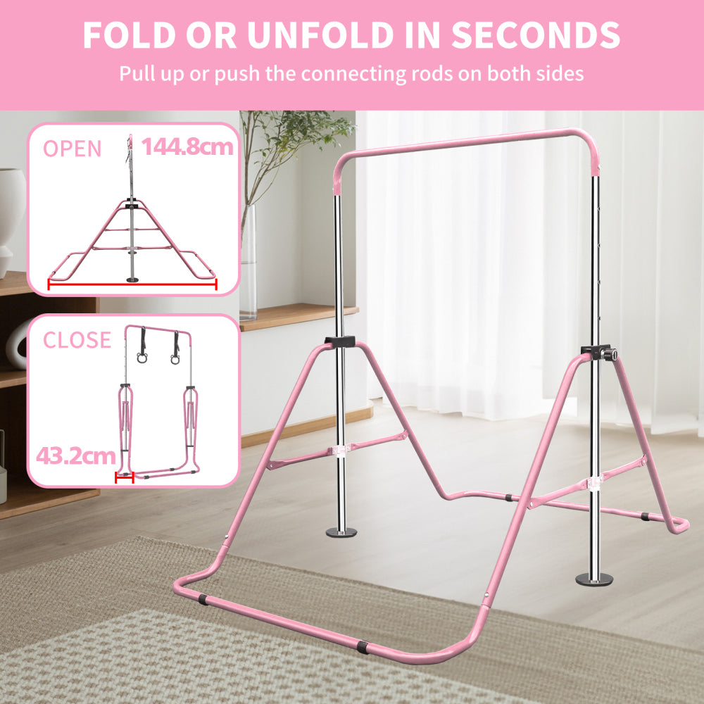 Platzsparendes Design: Pinke Turnstange zusammengeklappt für Lagerung.