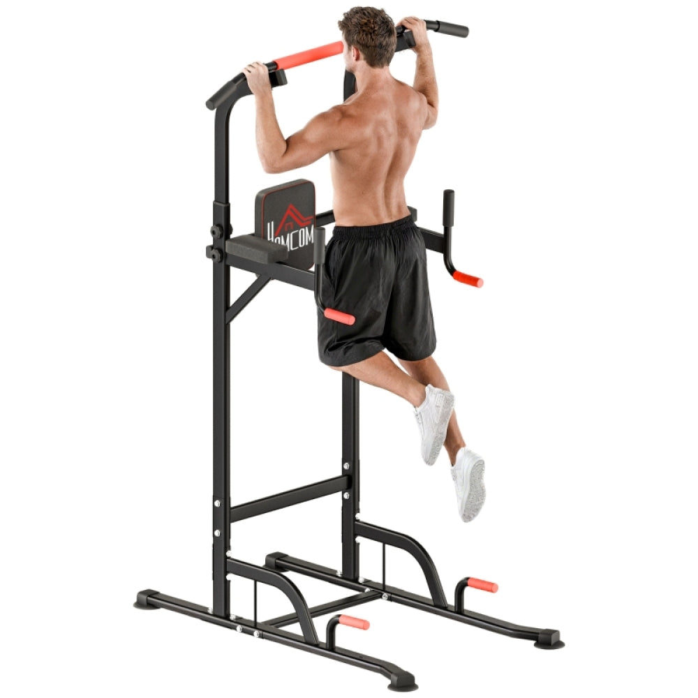 Power Tower Dip Station in Schwarz-Rot mit Klimmzugstange für Home Gym.