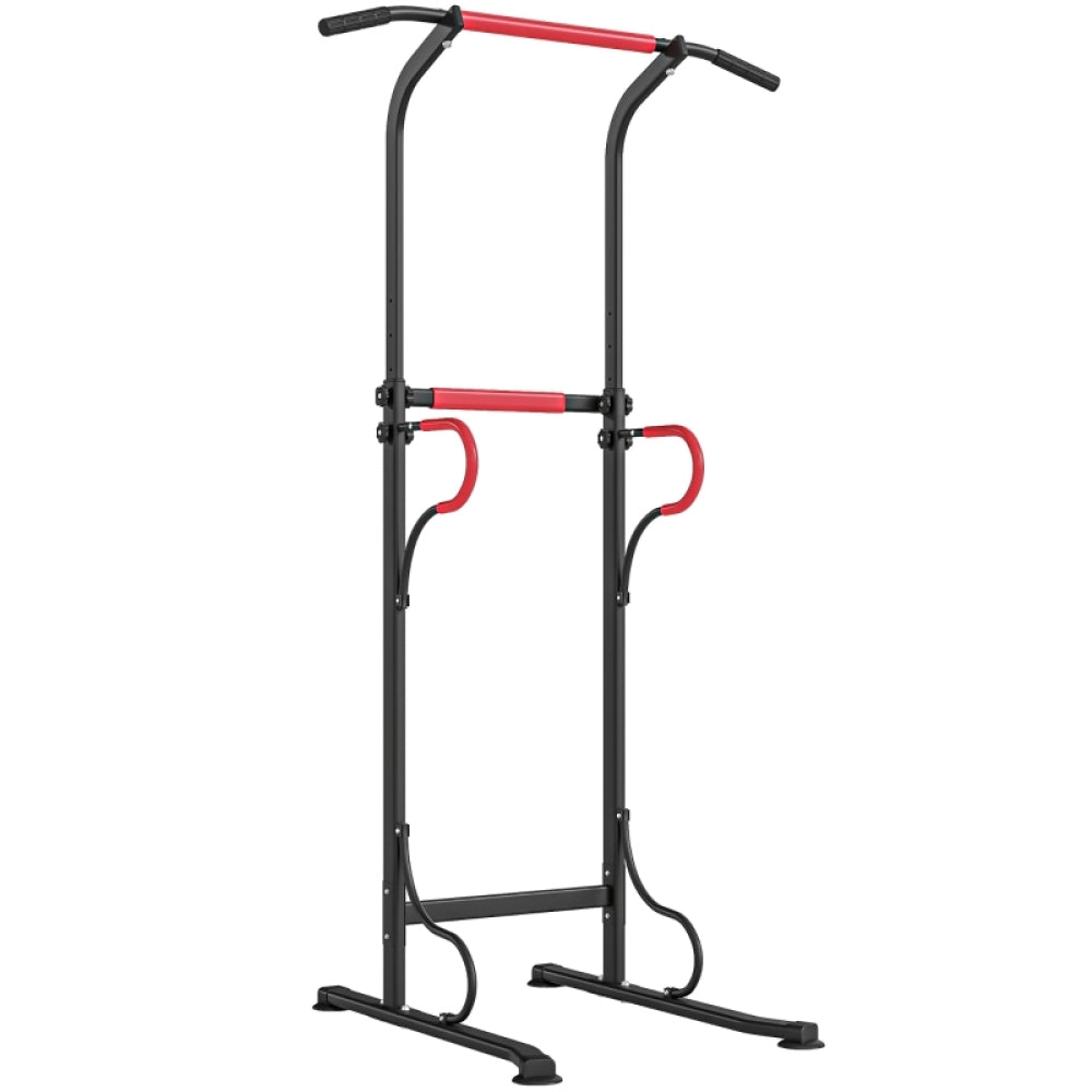 Power Tower Dip Station in Schwarz-Rot mit Klimmzugstange für Home Gym.