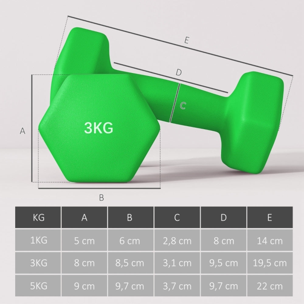 Produktabmessungen: 3kg Hexagon Hantel in Grün, ergonomisch geformt