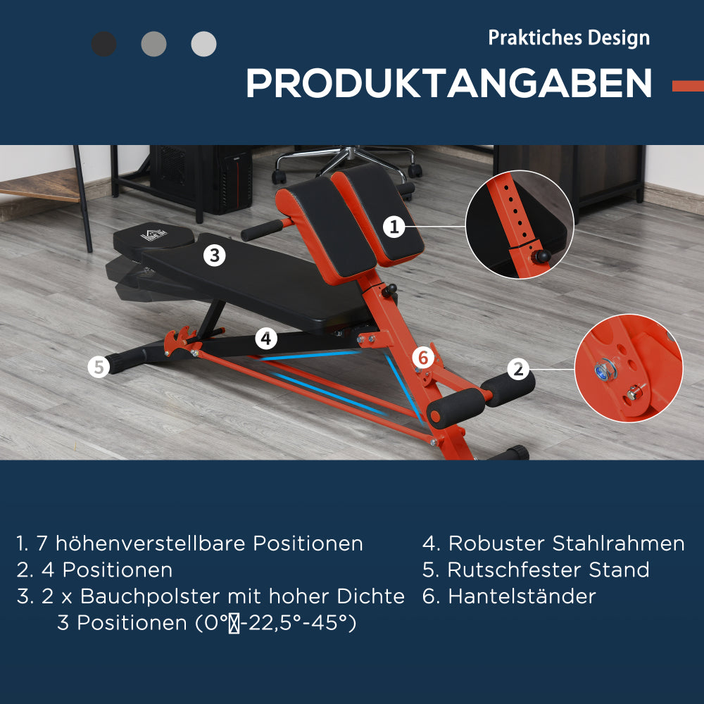 Produktangaben: Übersicht der verstellbaren Polster und stabilen Stahlrahmen-Konstruktion.