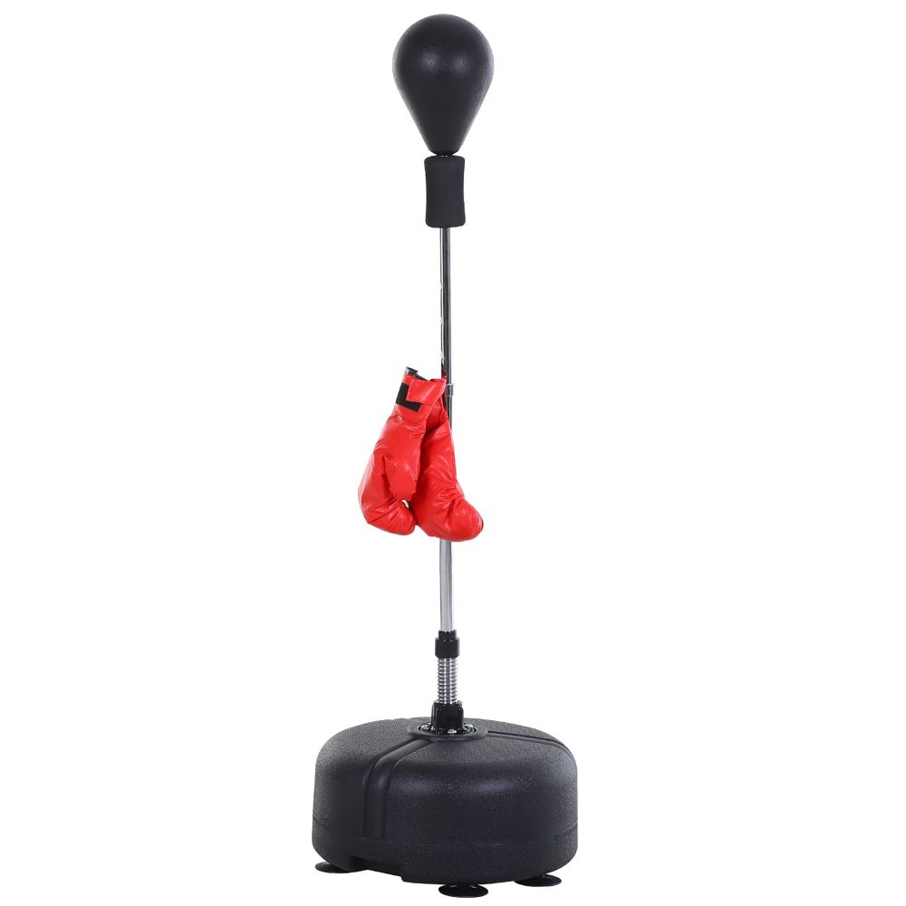Punchingball Set stehend in Schwarz mit roten Boxhandschuhen, höhenverstellbar.