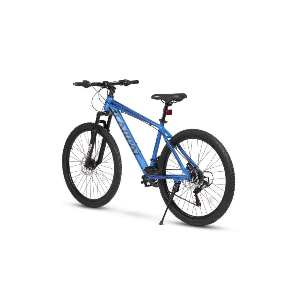 Rückansicht des Bikes mit Seitenständer, Geländereifen und Schnellspann-Sattelstütze.