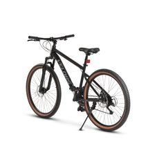 Rückansicht des Bikes mit Stollenreifen, Seitenständer und 7-fach Schaltwerk.